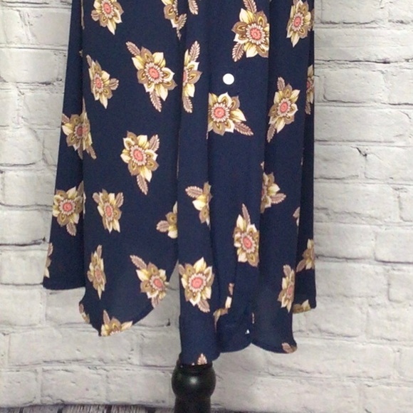 LOFT Navy Faraway Floral Split Neck Tunic Long Sleeve Roll Tab Pullover Small - Picture 8 of 16